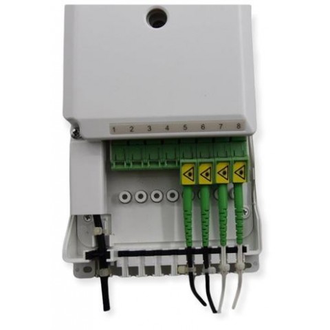 Caja F.O. de distribución y empalme para 8 SC Simplex / LC Duplex. Tamaño 235x125x50 mm