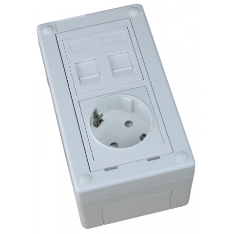 KIT Caja de mecanismos de 1 elemento CON 1 unid. shucko BLANCO + Placa adaptadora + 1 unid. placas de 45x45 para 2 RJ45