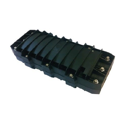 Caja empalme IP-68 Horizontal F.O. para 96 fusiones y derivación. Puertos 6 (2x3) max 20mm. 4 Caset. Tamaño 432x186x100 mm