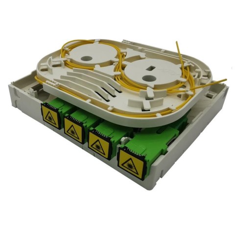 Caja F.O. de plástico para carril DIN para 4 tomas SC SIMPLEX (SIN ALA)