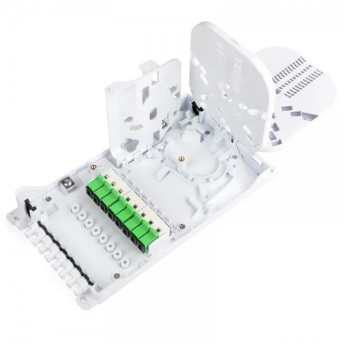 Caja F.O. de distribución y empalme para 8 SC Simplex / LC Duplex. Tamaño 235x125x50 mm