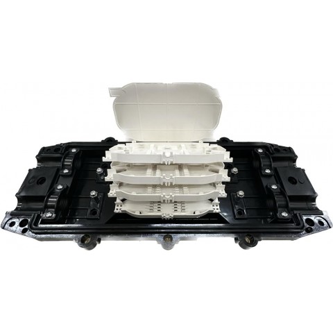 Caja empalme IP-68 Horizontal F.O. para 96 fusiones y derivación. Puertos 6 (2x3) max 20mm. 4 Caset. Tamaño 432x186x100 mm