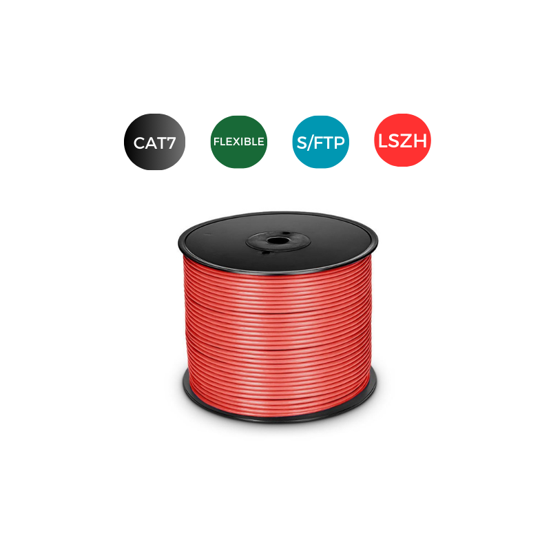 Cable CAT7 S/FTP LSZH FLEXIBLE ROJO. Bobina de 500 metros