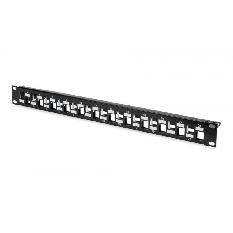Panel 19" x 1U VACIO 24 Keystone UTP/FTP ESCALONADO con Pasahilos Trasero de Aluminio y toma de tierra