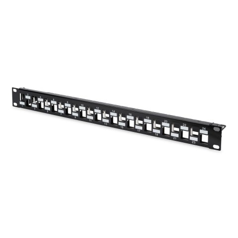 Panel 19" x 1U VACIO 24 Keystone UTP/FTP ESCALONADO con Pasahilos Trasero de Aluminio y toma de tierra