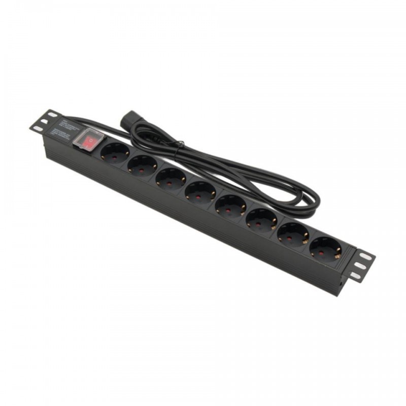 Regletero de 19" x 1U x 8 shuckos CON Interruptor con toma IEC C14 de alimentación