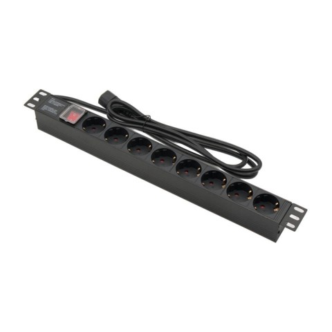 Regletero de 19" x 1U x 8 shuckos CON Interruptor con toma IEC C14 de alimentación