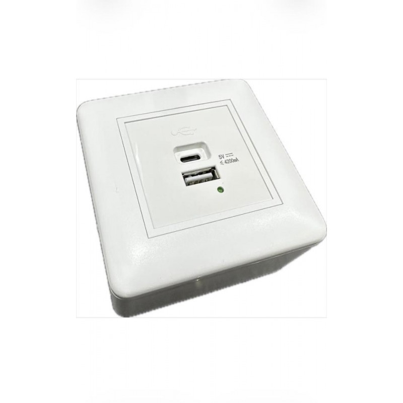 KIT Caja superficie 80x80 + Marco de superficie 45x45 + 1 unid. placa con 2 Cargadores USB A+C (5V/4.2A).