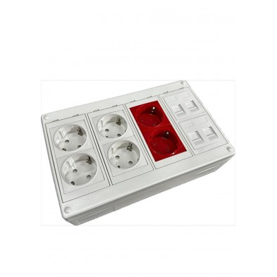 KIT Caja de mecanismos de 4 elementos CON 2 unid. shucko doble BLANCO + 1 unid. shucko doble ROJO + 2 unid. placas para 2RJ45