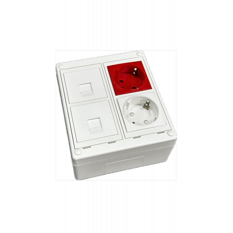 KIT Caja de mecanismos de 2 elementos CON 1 unid. shucko Sencillo BLANCO y ROJO + 2 und. Placa adaptadora + 2 unid. placa 1RJ45